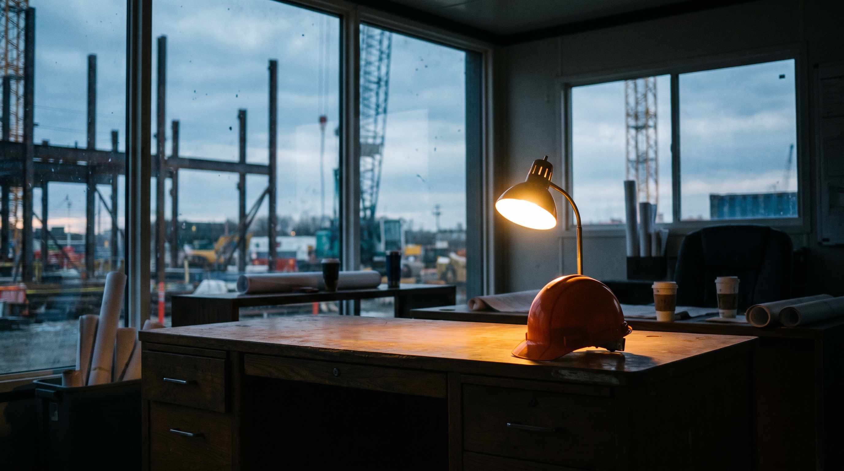 A site office at dawn overlooking active steel construction, a hard hat resting on an empty desk