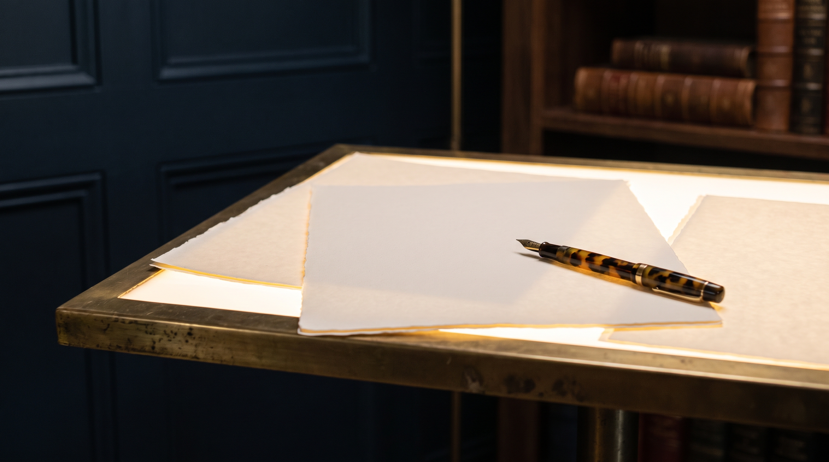 A brass-edged light table in a dark navy study, blank heavyweight paper glowing from beneath, a fountain pen at rest